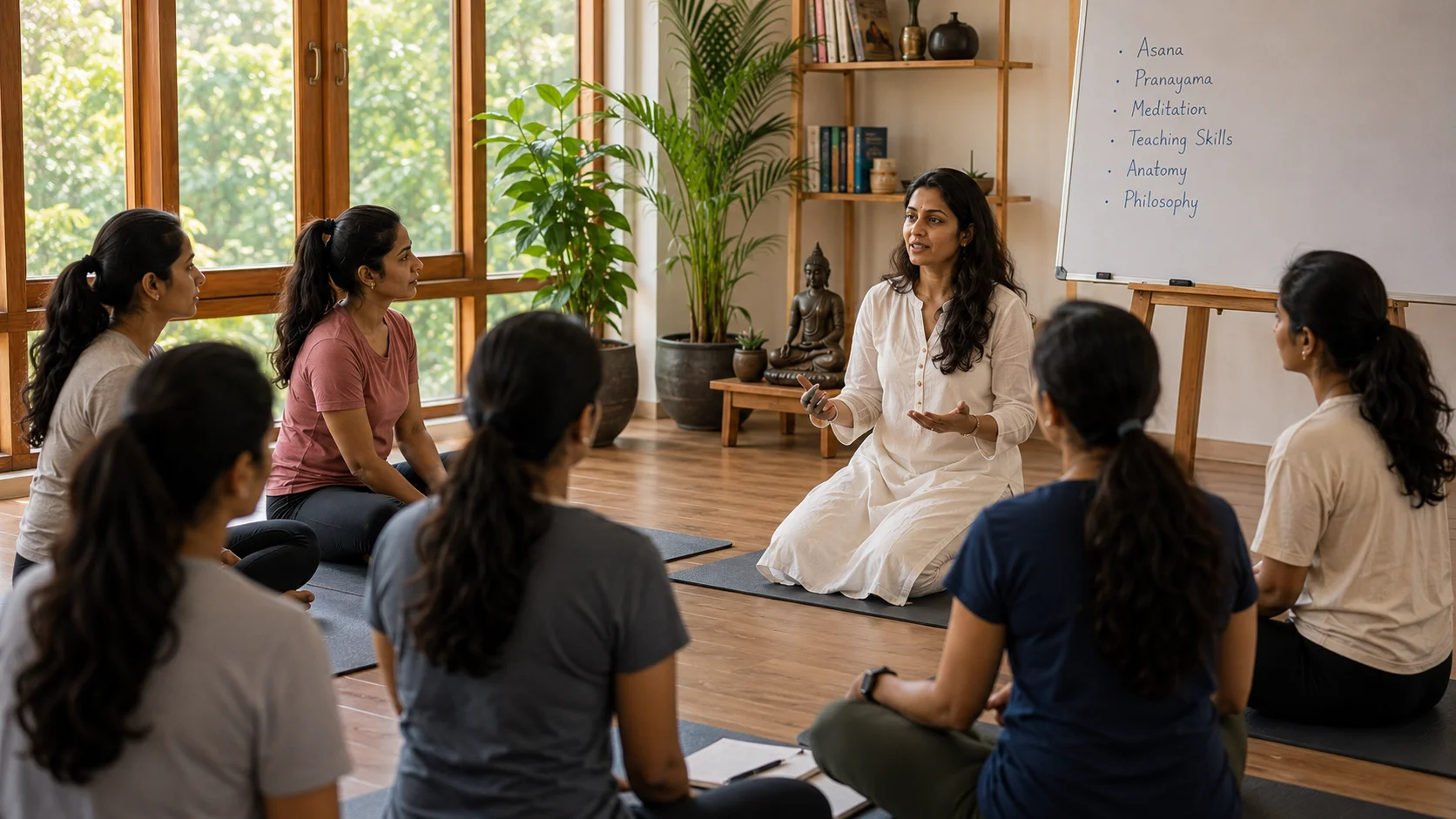 Yoga teacher guiding students in a professional yoga class